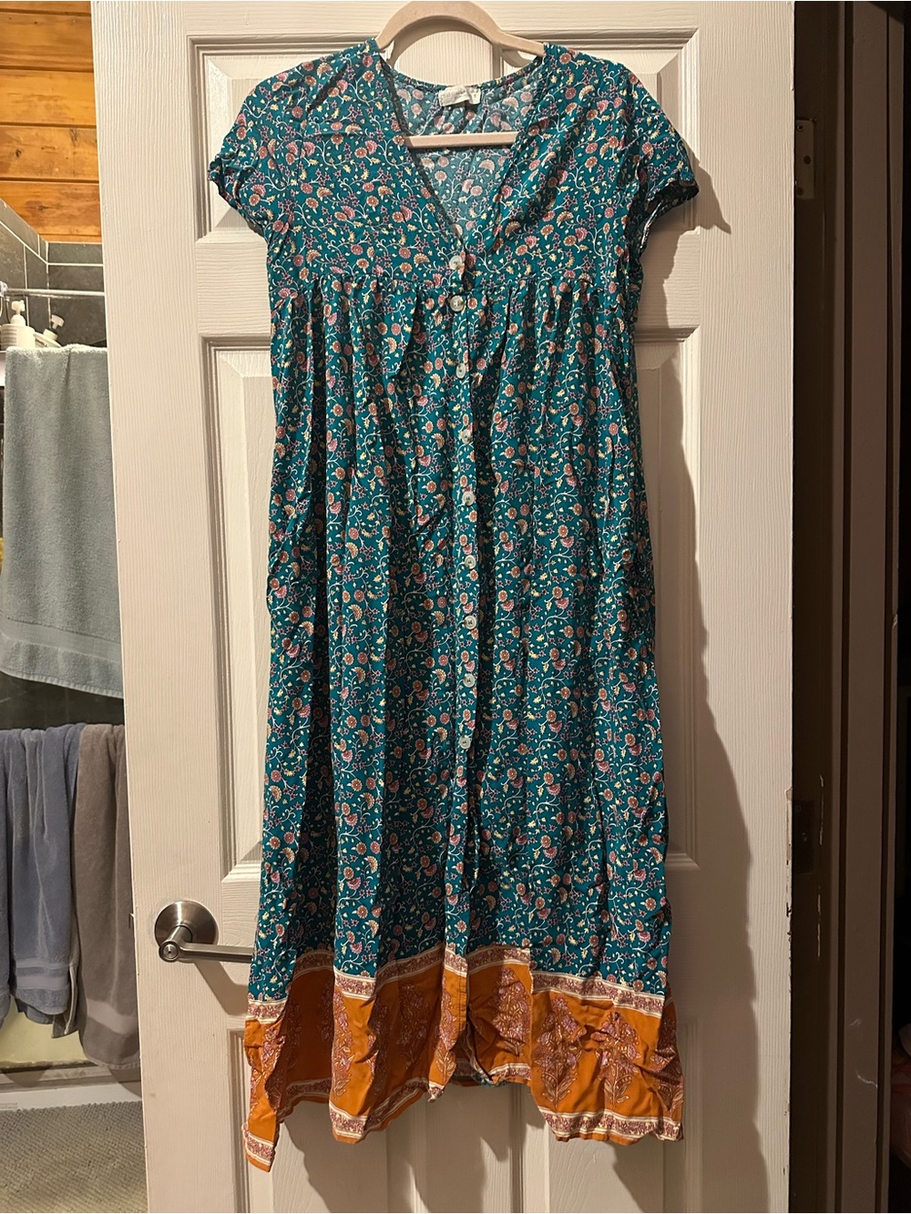 NATURAL LIFE Teal Floral Midi Dress with Orange Hem